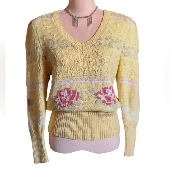 VTG 70s Yellow Pink Floral Cable Knit Vneck Sweater Large *Fits like Small - Picture 1 of 16